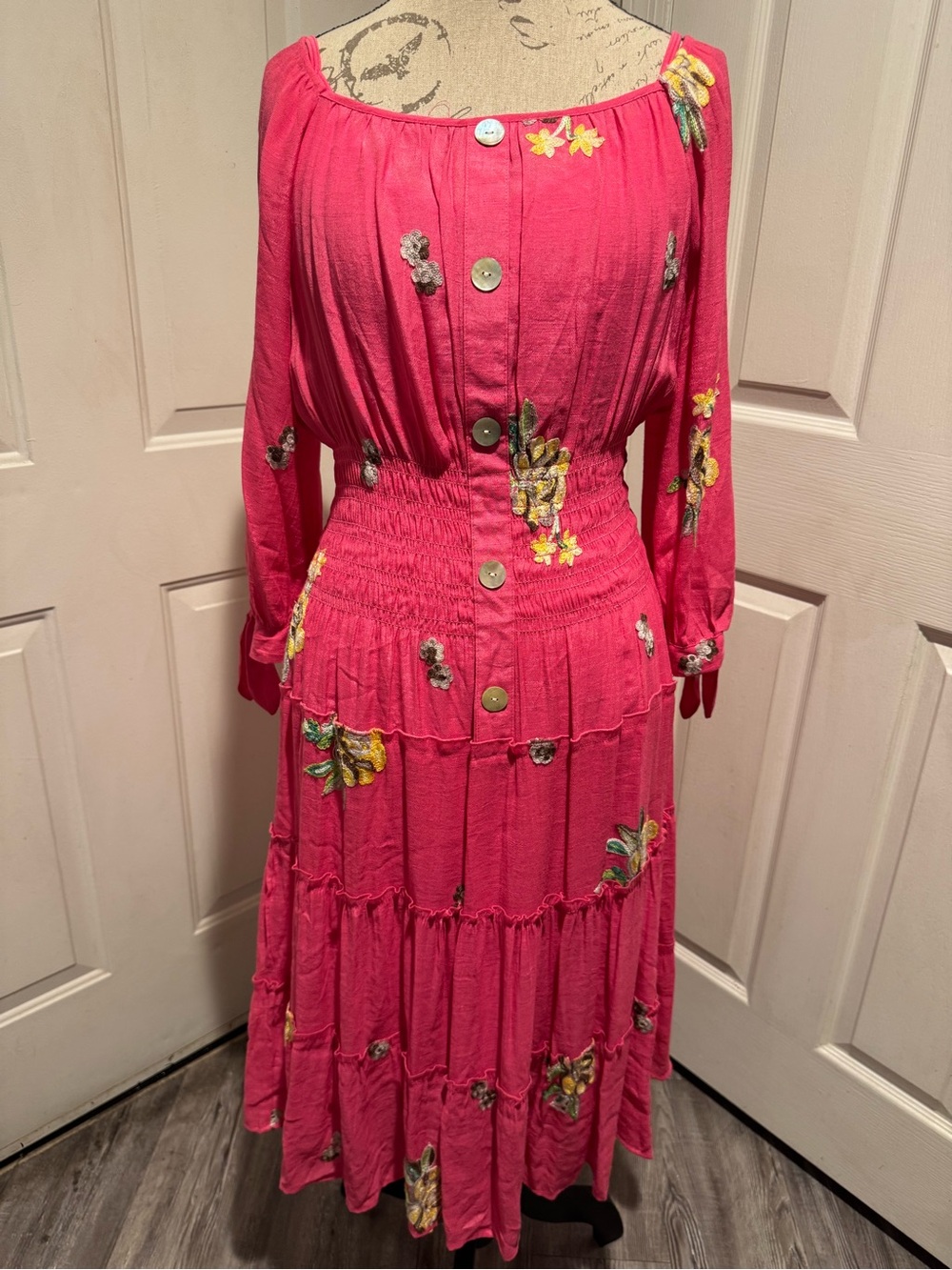 Bright Pink Floral Embroidered Maxi Dress with Button-Front